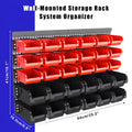 Wall-mounted storage rack system organizer with red and black bins, showing dimensions on a blue and white background.
