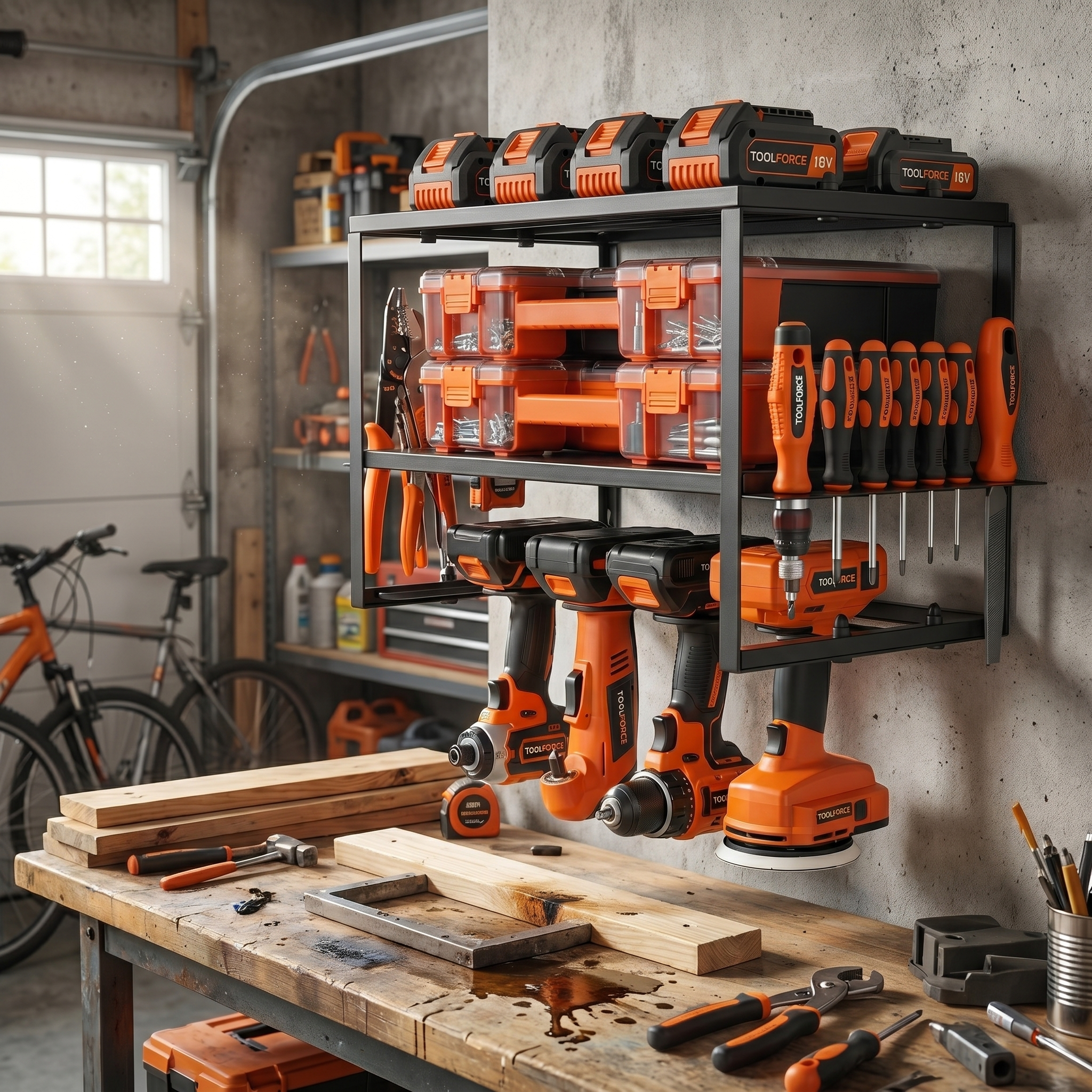 Wall Mounted Power Tool Organizer Rack with Drill Holders