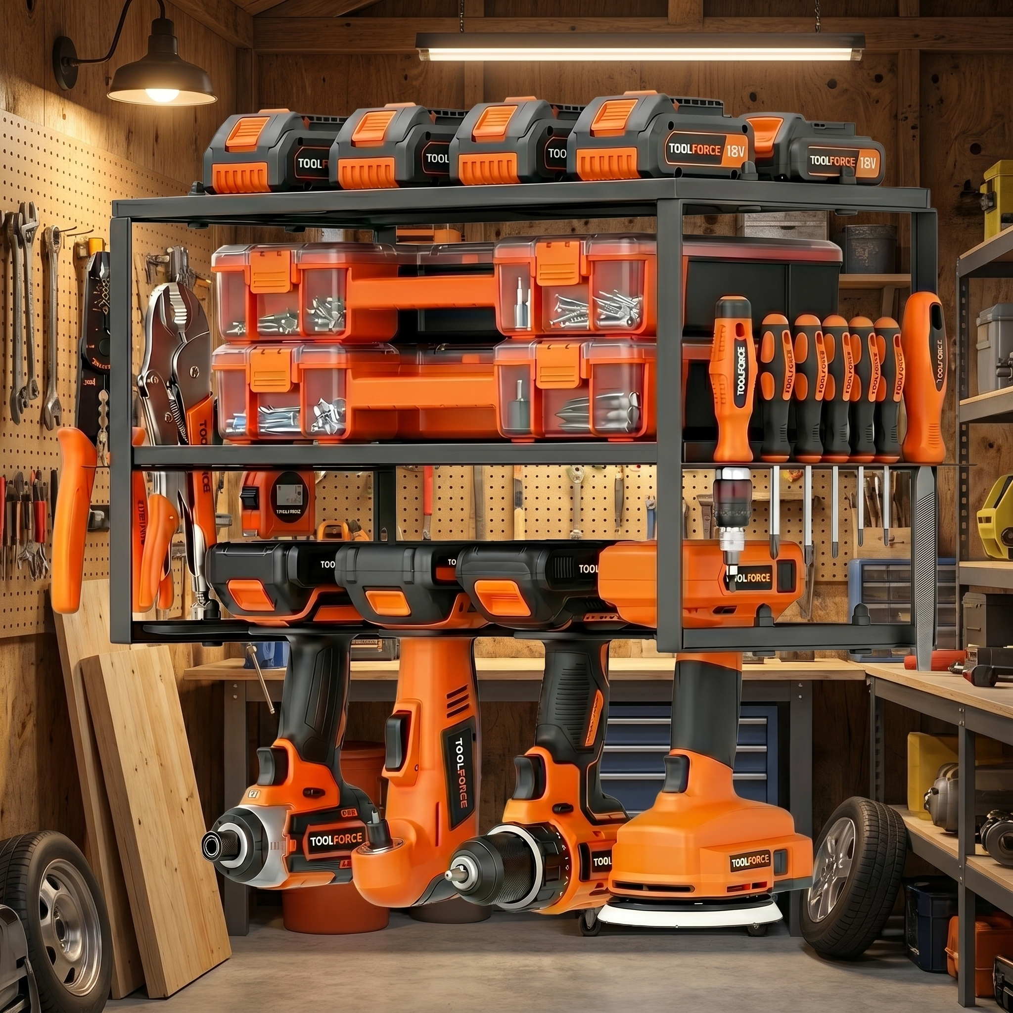 Wall Mounted Power Tool Organizer Rack with Drill Holders