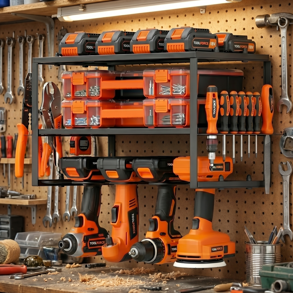 Wall Mounted Power Tool Organizer Rack with Drill Holders