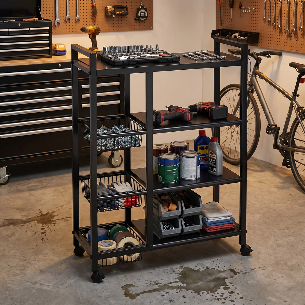 4-Tier Rolling Storage Cart with Wire Baskets and Wheels